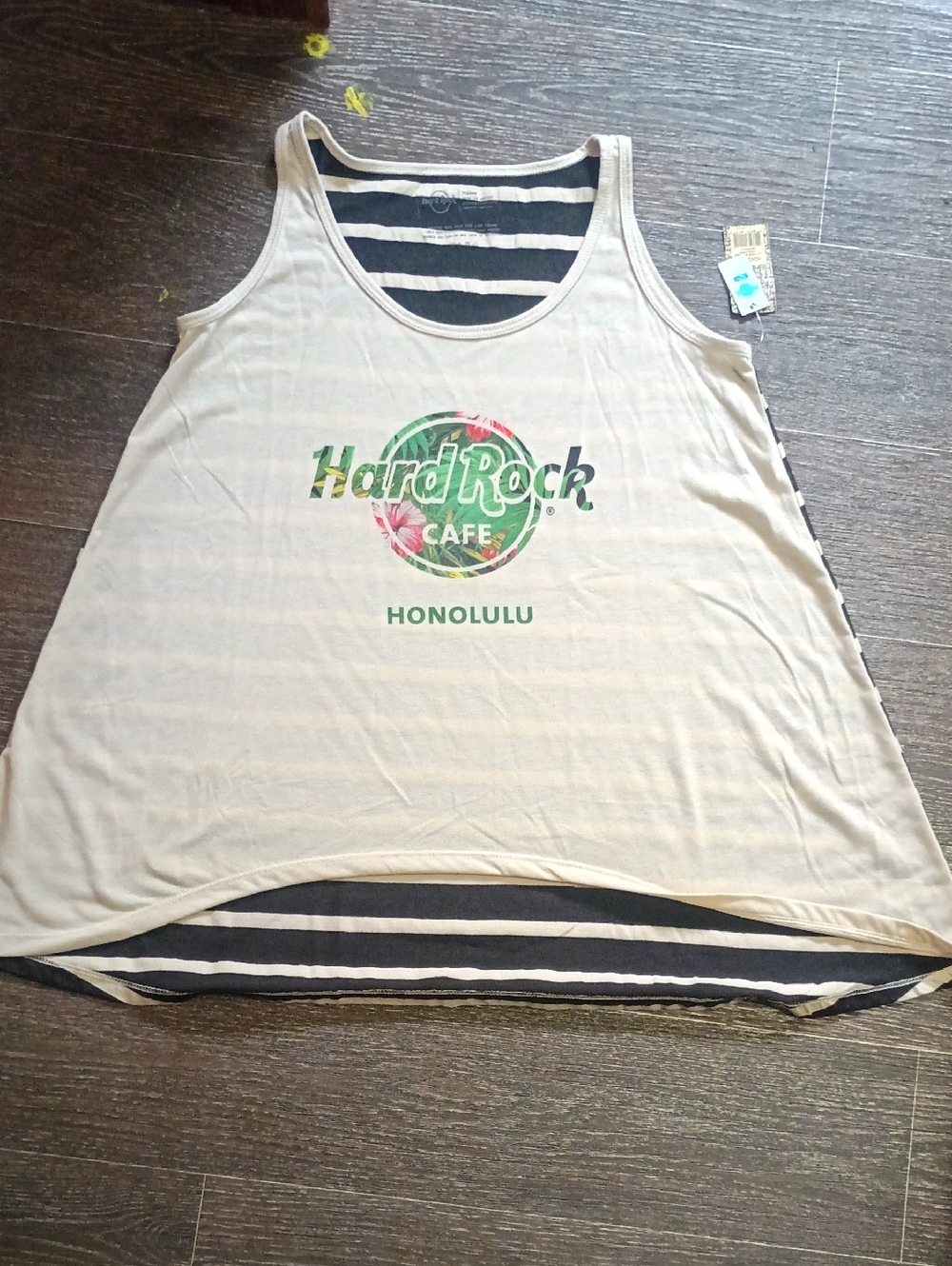 Hard Rock Cafe Cream Tank Top with Navy Stripe Back and Green Logo